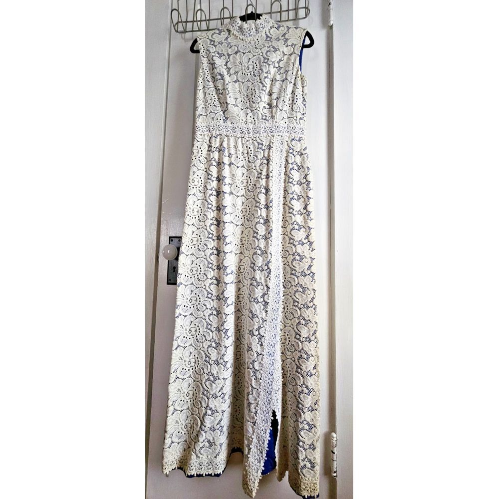 Vtg UTAH TAILORING MILLS white lace overlay front slits maxi tall neck dress Sz4